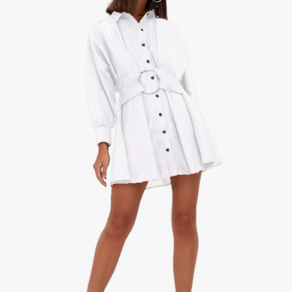 Chic White Long Sleeve Belted Shirt Dress